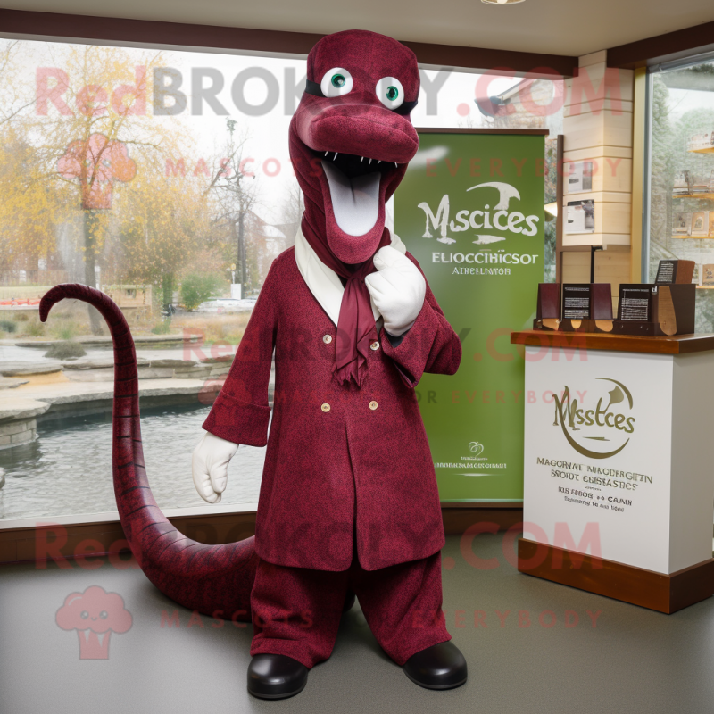 Maroon Loch Ness Monster mascot costume character dressed with a Coat and Pocket squares