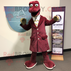 Maroon Loch Ness Monster mascot costume character dressed with a Coat and Pocket squares