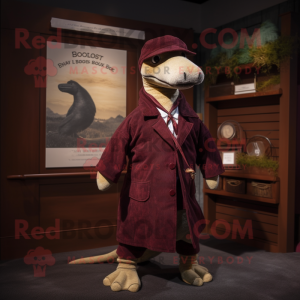 Maroon Loch Ness Monster mascot costume character dressed with a Coat and Pocket squares