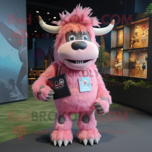 Pink Yak mascot costume character dressed with a Chambray Shirt and Keychains