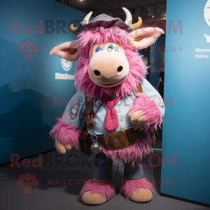 Pink Yak mascot costume character dressed with a Chambray Shirt and Keychains