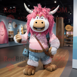 Pink Yak mascot costume character dressed with a Chambray Shirt and Keychains