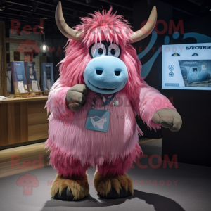 Pink Yak mascot costume character dressed with a Chambray Shirt and Keychains