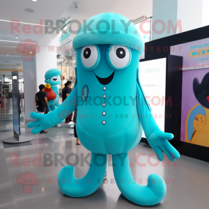 Cyan Octopus mascot costume character dressed with a Leggings and Berets