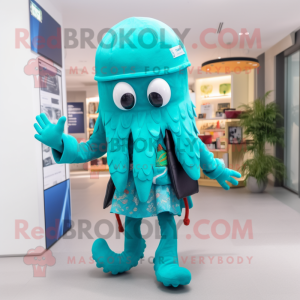 Cyan Octopus maskot kostume...