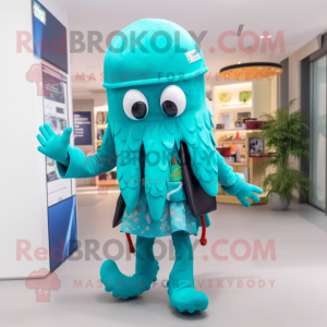 Cyan Octopus maskot kostym...