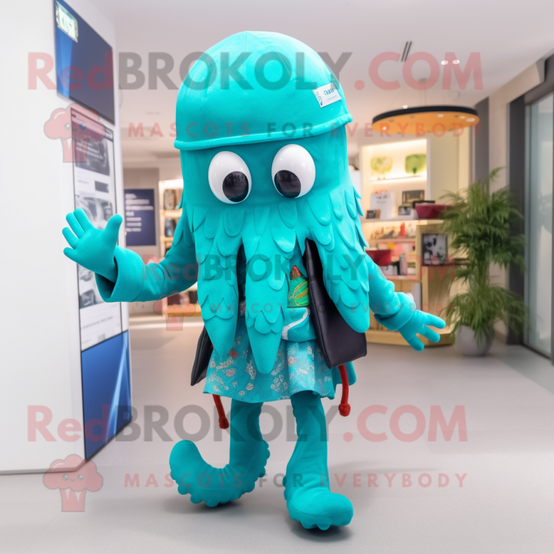 Cyan Octopus mascot costume character dressed with a Leggings and Berets Cyan Octopus mascot costume character dressed with a Leggings and Berets