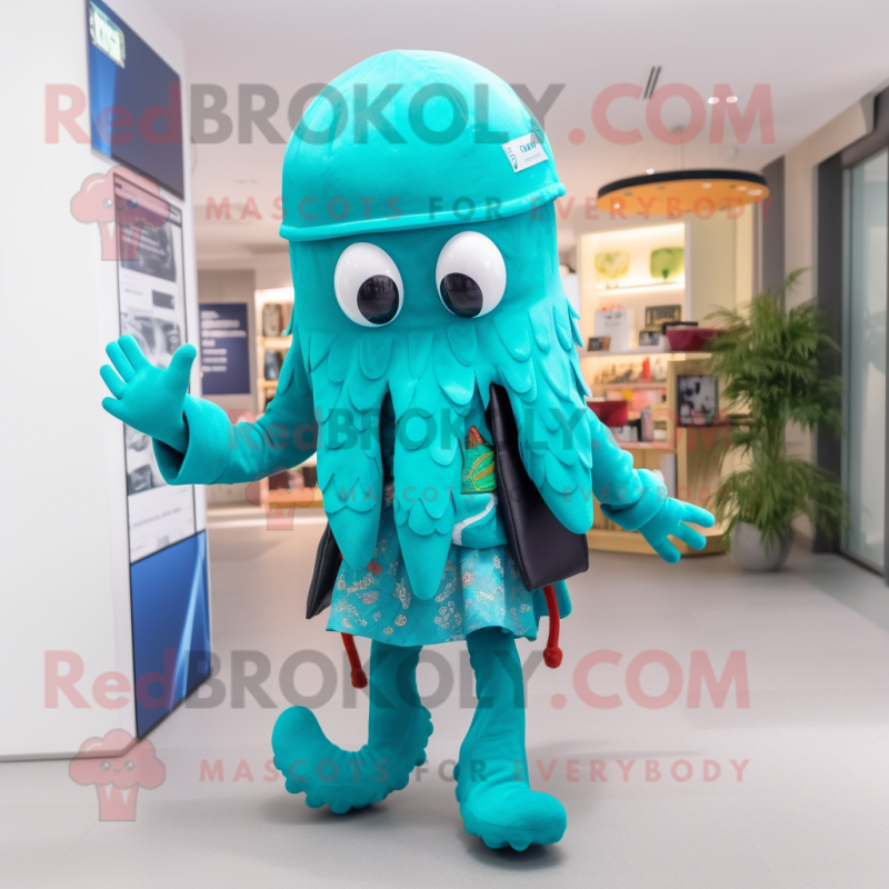 Cyan Octopus mascot costume character dressed with a Leggings and Berets