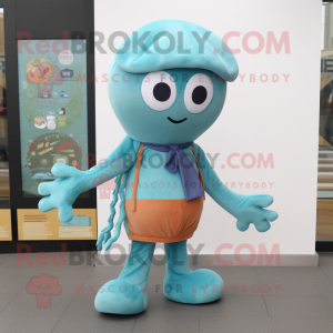 Cyan Octopus mascot costume character dressed with a Leggings and Berets