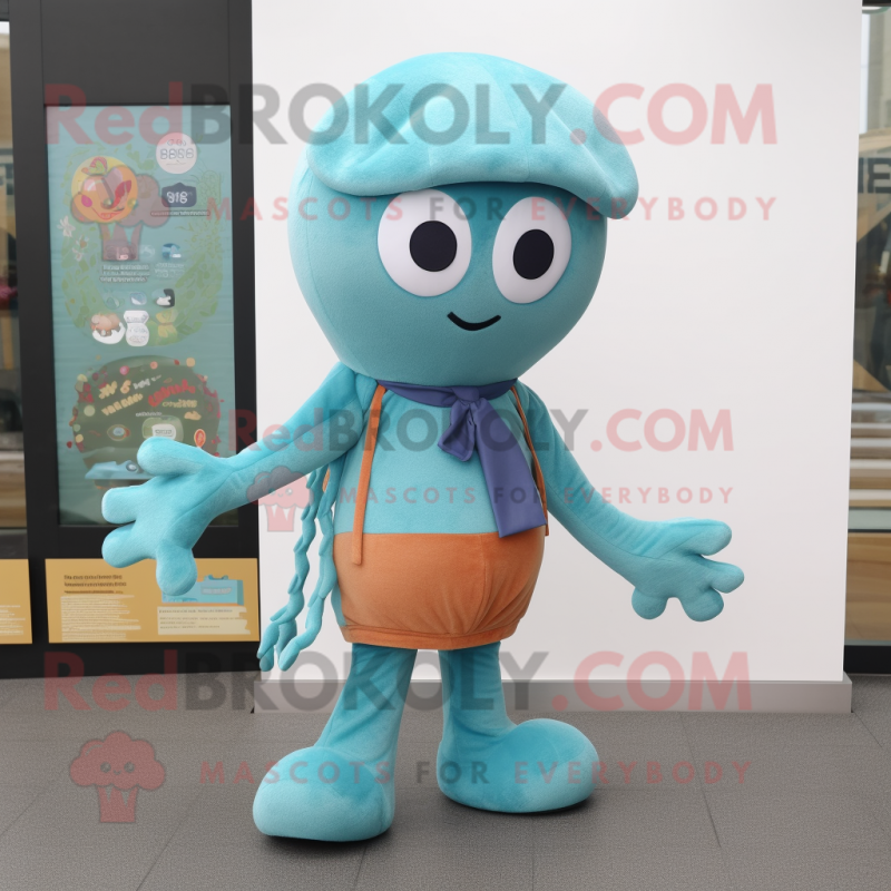 Cyan Octopus mascot costume character dressed with a Leggings and Berets Cyan Octopus mascot costume character dressed with a Leggings and Berets