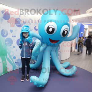 Cyan Octopus mascot costume character dressed with a Leggings and Berets