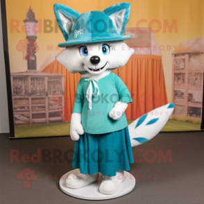 Cyan Fox mascot costume character dressed with a Maxi Dress and Caps