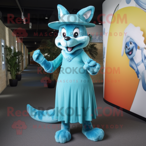 Cyan Fox mascot costume character dressed with a Maxi Dress and Caps