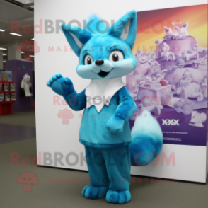 Cyan Fox mascot costume character dressed with a Maxi Dress and Caps