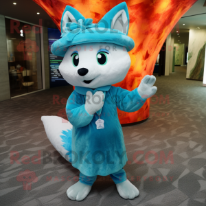 Cyan Fox mascot costume character dressed with a Maxi Dress and Caps