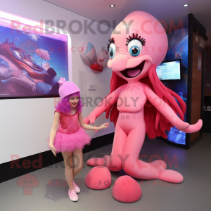 Pink Mermaid mascot costume character dressed with a Playsuit and Caps