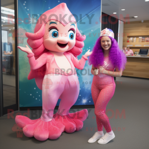 Pink Mermaid mascot costume character dressed with a Playsuit and Caps