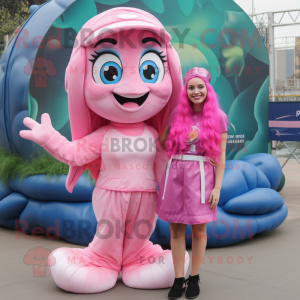 Pink Mermaid mascot costume character dressed with a Playsuit and Caps