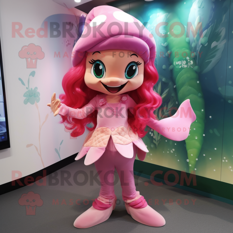 Pink Mermaid mascot costume character dressed with a Playsuit and Caps Pink Mermaid mascot costume character dressed with a Playsuit and Caps