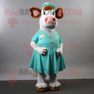 Turquoise Guernsey Cow mascot costume character dressed with a A-Line Skirt and Brooches