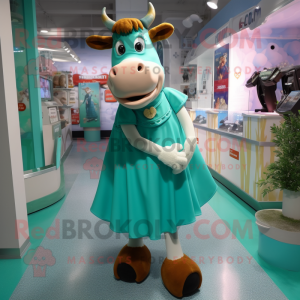 Turquoise Guernsey Cow mascot costume character dressed with a A-Line Skirt and Brooches