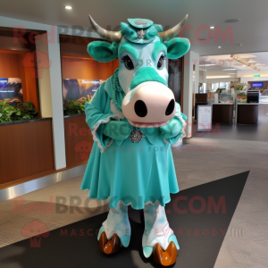 Turquoise Guernsey Cow mascot costume character dressed with a A-Line Skirt and Brooches