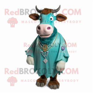 Turquoise Guernsey Cow mascot costume character dressed with a A-Line Skirt and Brooches