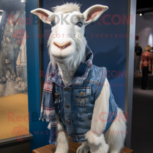 White Boer Goat mascot costume character dressed with a Denim Shirt and Scarves