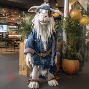 White Boer Goat mascot costume character dressed with a Denim Shirt and Scarves