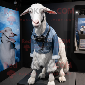 White Boer Goat mascot costume character dressed with a Denim Shirt and Scarves