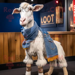 White Boer Goat mascot costume character dressed with a Denim Shirt and Scarves