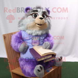 Lavender Marmot mascot costume character dressed with a Mom Jeans and Reading glasses
