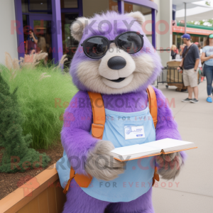 Lavender Marmot mascot costume character dressed with a Mom Jeans and Reading glasses