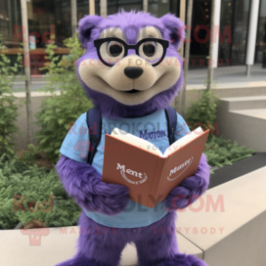 Lavender Marmot mascot costume character dressed with a Mom Jeans and Reading glasses