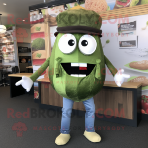 Olive Burgers mascot costume character dressed with a Jeans and Ties