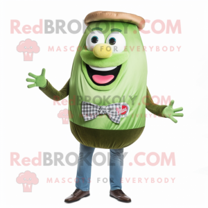 Olive Burgers mascot costume character dressed with a Jeans and Ties