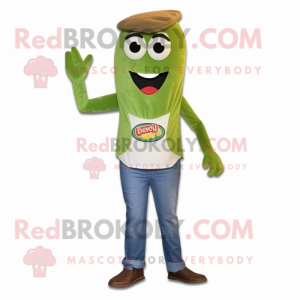 Olive Burgers mascot costume character dressed with a Jeans and Ties