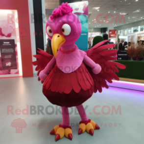 Magenta Turkey mascot costume character dressed with a Midi Dress and Shoe clips