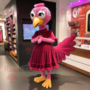 Magenta Turkey mascot costume character dressed with a Midi Dress and Shoe clips