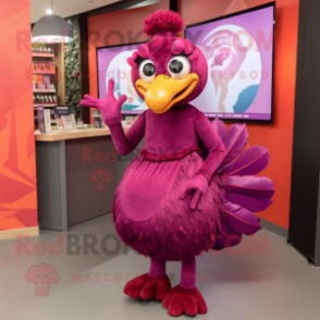 Magenta Turkey mascot costume character dressed with a Midi Dress and Shoe clips