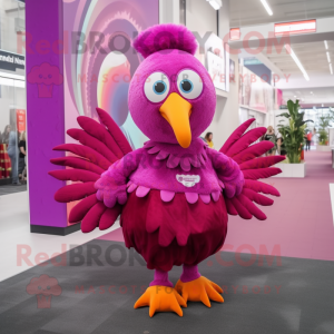 Magenta Turkey mascot costume character dressed with a Midi Dress and Shoe clips