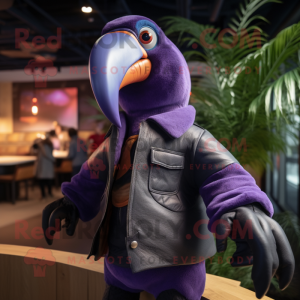 Purple Toucan mascot costume character dressed with a Leather Jacket and Headbands