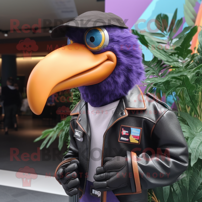 Purple Toucan mascot costume character dressed with a Leather Jacket and Headbands