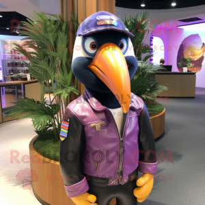 Purple Toucan mascot costume character dressed with a Leather Jacket and Headbands