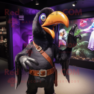 Purple Toucan mascot costume character dressed with a Leather Jacket and Headbands