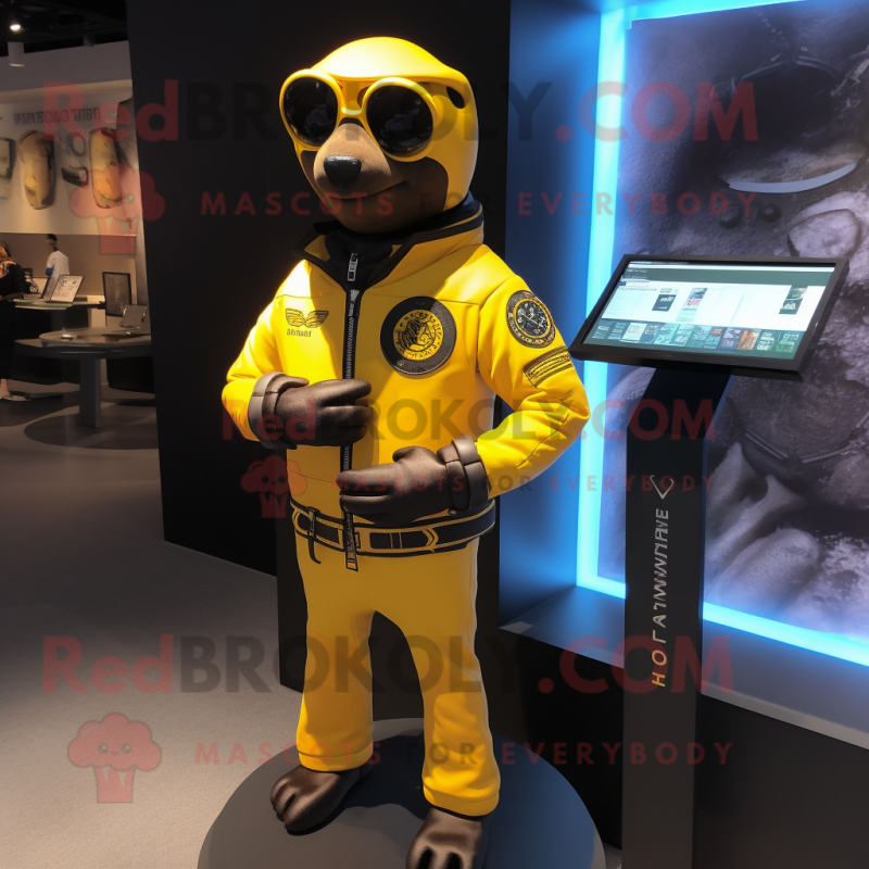 Yellow Navy Seal mascot costume character dressed with a Leather Jacket and Smartwatches