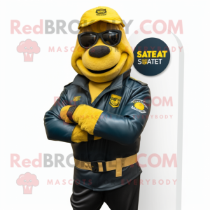 Yellow Navy Seal mascot costume character dressed with a Leather Jacket and Smartwatches