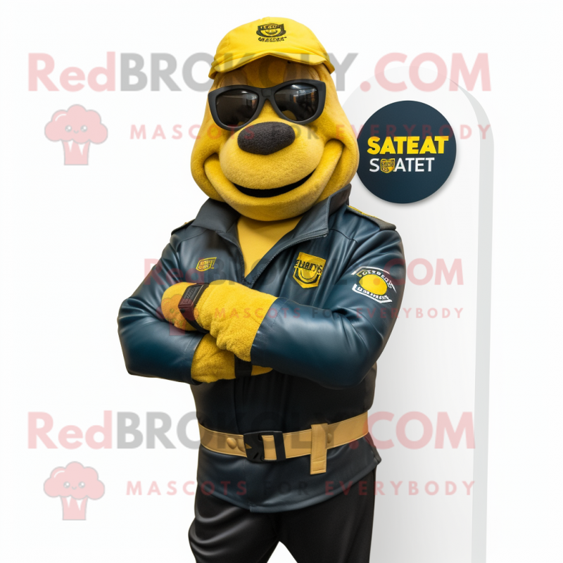 Yellow Navy Seal mascot costume character dressed with a Leather Jacket and Smartwatches