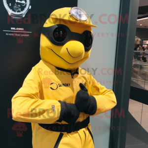 Yellow Navy Seal mascot costume character dressed with a Leather Jacket and Smartwatches
