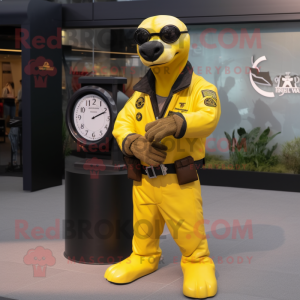 Yellow Navy Seal mascot costume character dressed with a Leather Jacket and Smartwatches